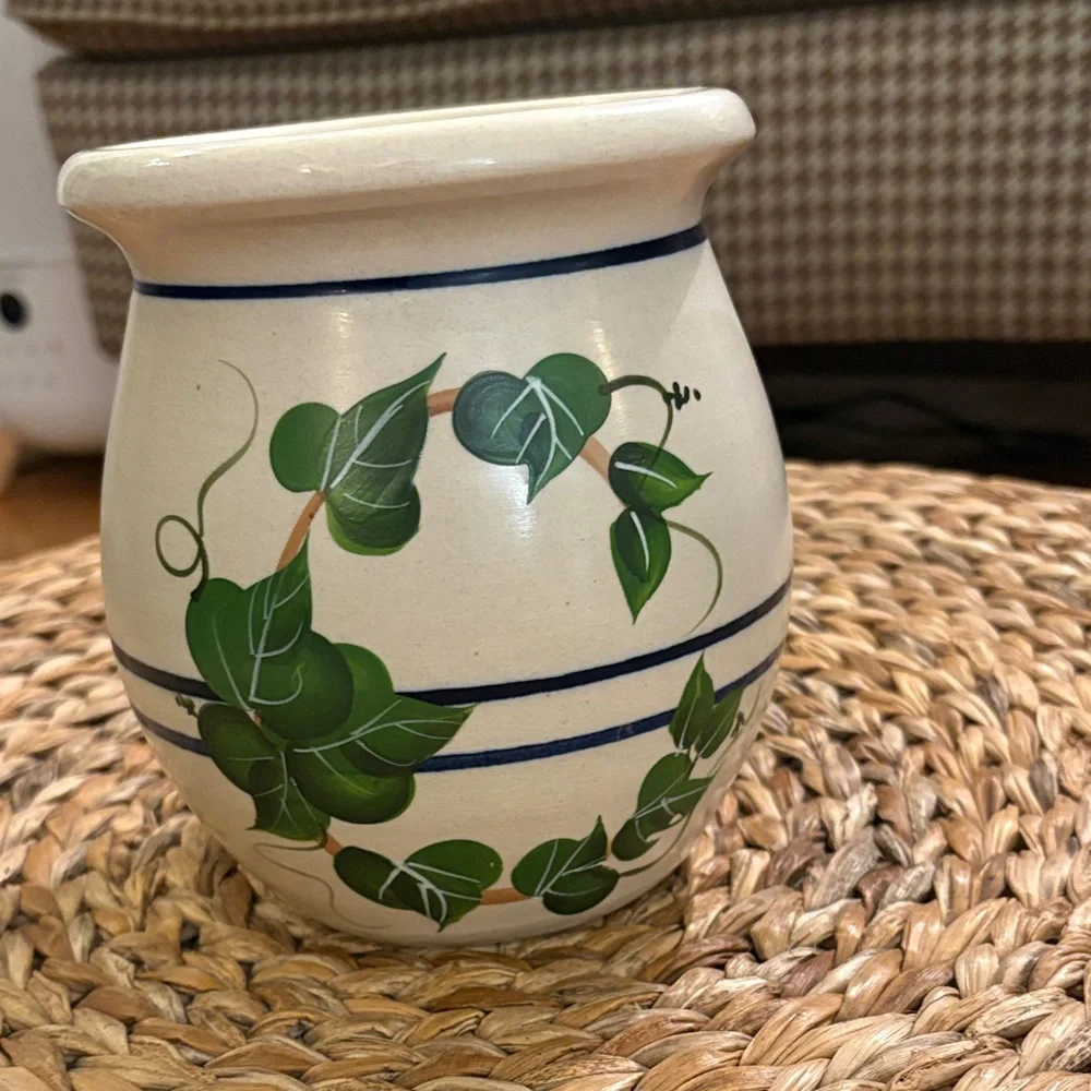 Stoneware Storage Jar with Green Leaf Design